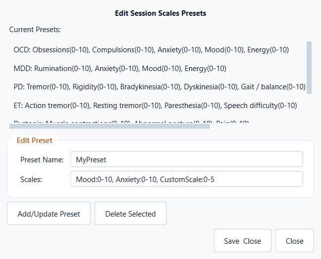 Session Scales Settings dialog