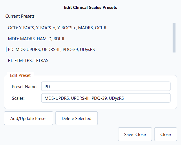 Clinical Scales Settings dialog